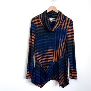 Feratelli Womens Lagenlook Artsy Shirt Size M Striped‎ Asymmetrical Burnout Boho